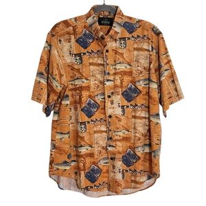 RedHead Orange and Blue Fishing Print Button Down Shirt Size Large